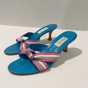 Women’s Vintage Isaac Mizrahi Blue & Pink Leather Heel Sandals Size 6!